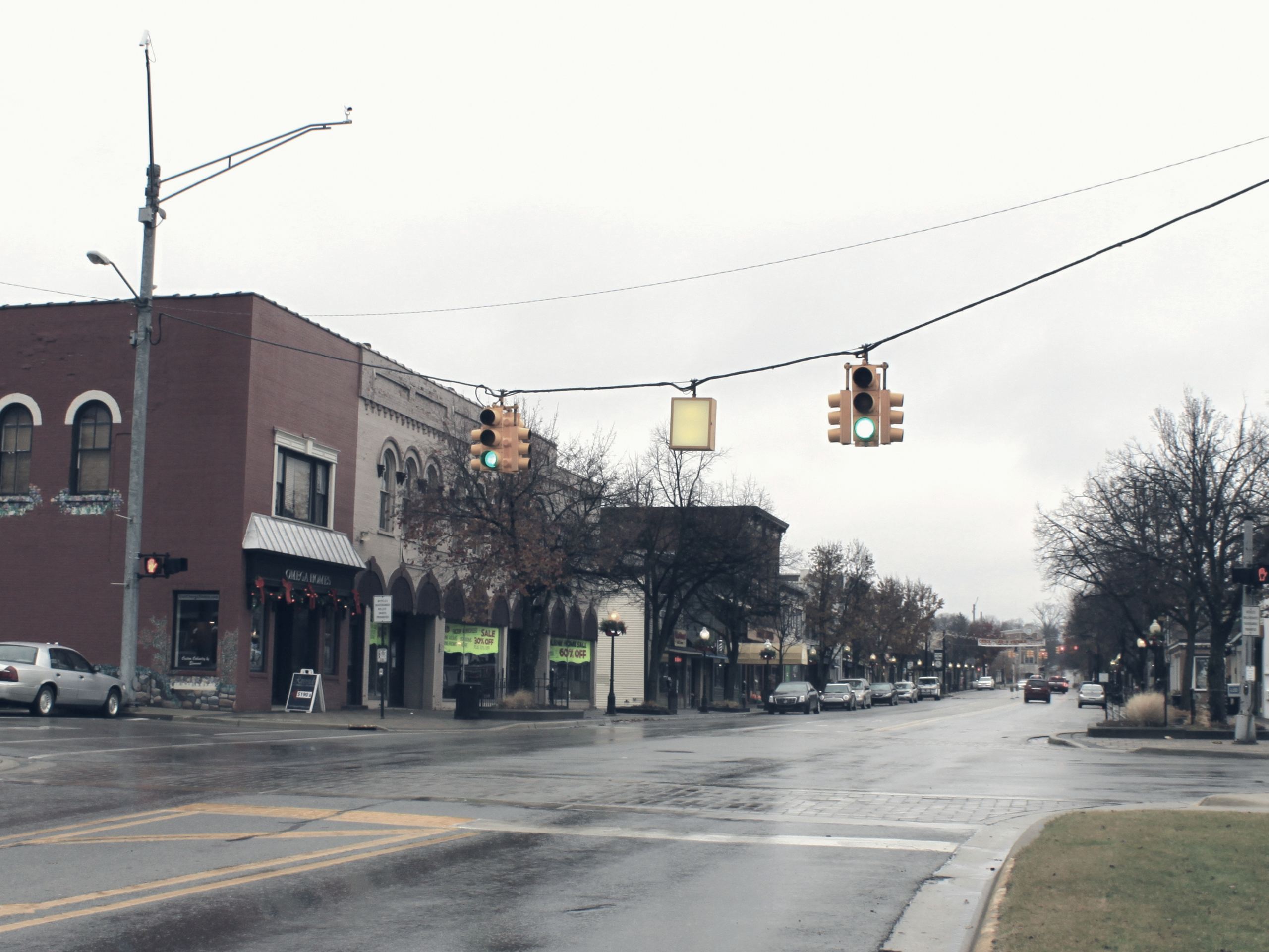 Storefronts along the main street of a Michigan town.